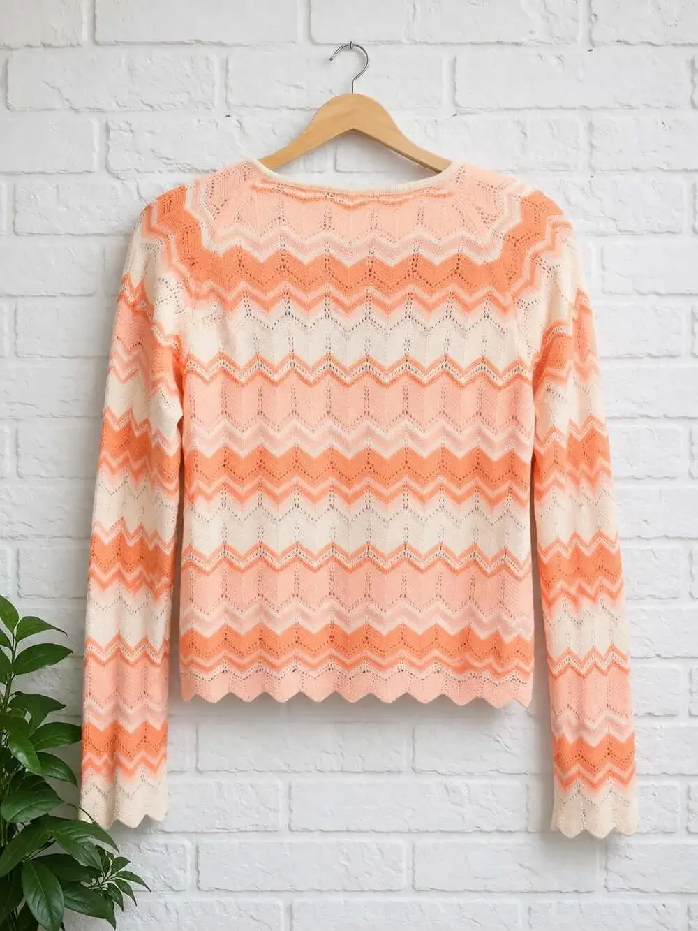 Celebrity Pink Peach and Cream Chevron Knit Tie-Front Crochet Cardigan